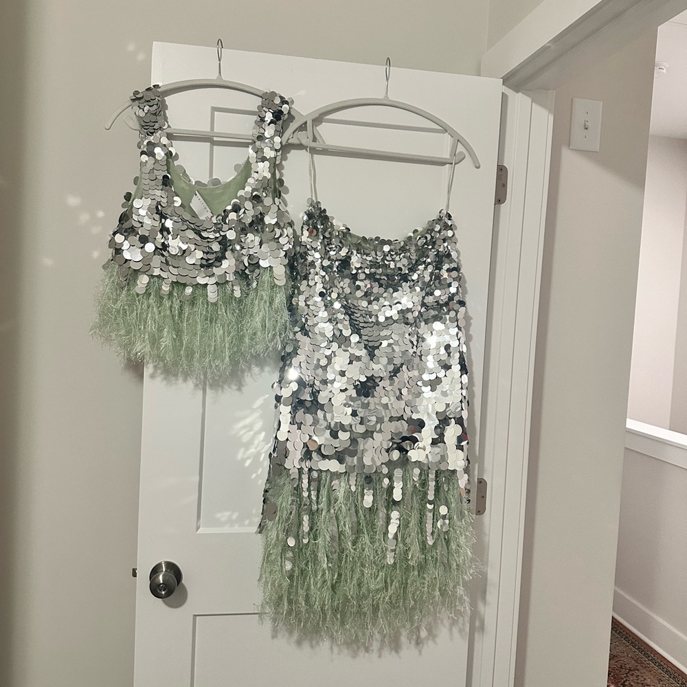 ASOS EDITION sequin midi skirt and top set with feather hem. SAGE GREEN